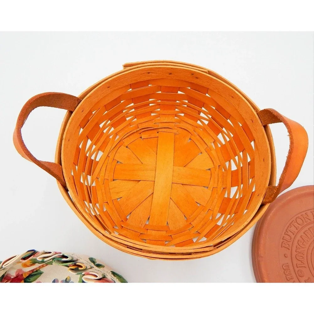 Longerberger 1996 Round Basket Leather Handles Fabric Liner and Warming Brick